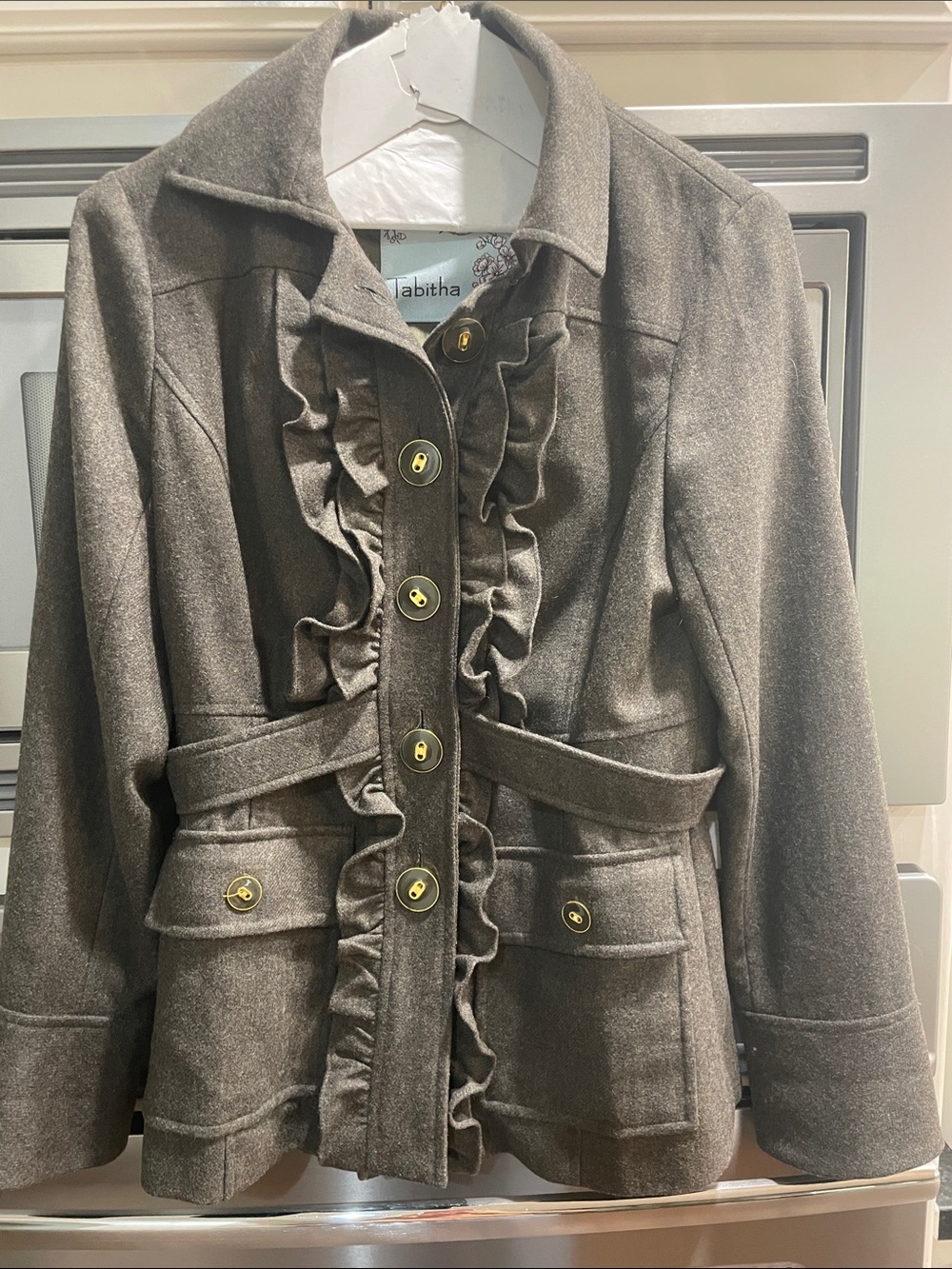Tabitha olive green Ruffle-Front Wool Blend Pea blazer